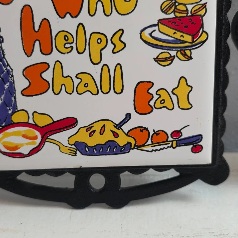 Vintage Cast Iron Trivets 'He Who Helps Shall Eat' Ceramic Tile‎ & Scroll Pair